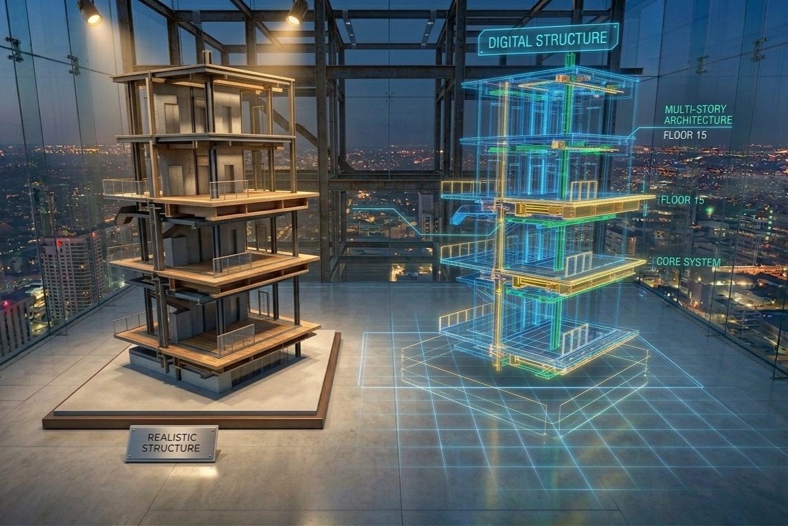 Engineer using AR mixed reality to overlay BIM model on construction site
