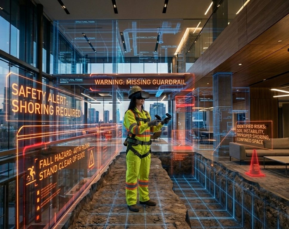 Worker experiencing VR safety training simulation on construction site