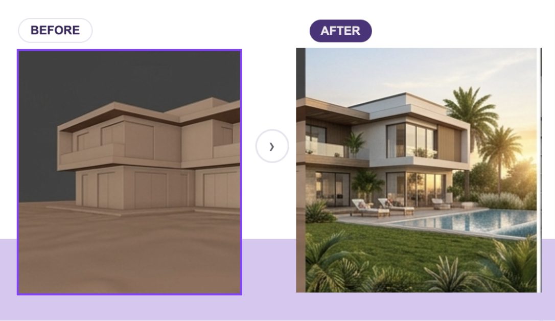 Photorealistic AI-rendered luxury residential exterior with landscaping and golden-hour lighting — Innovxa AI prompts for architects