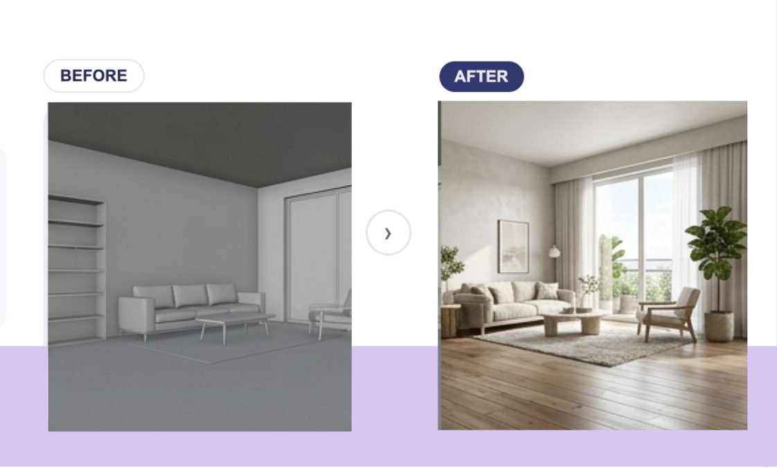 Photorealistic AI-rendered modern living room interior with furniture and natural daylight — Innovxa AI prompts for architects