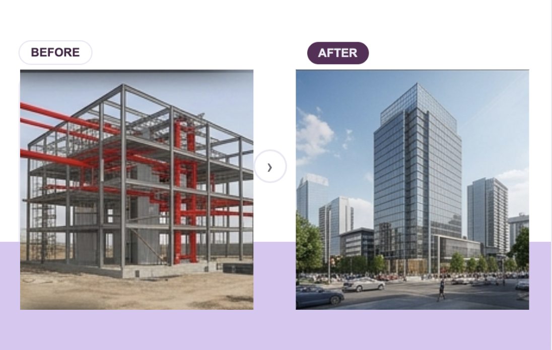 Completed photorealistic high-rise building with glazing and street context — Innovxa AI prompts for architects