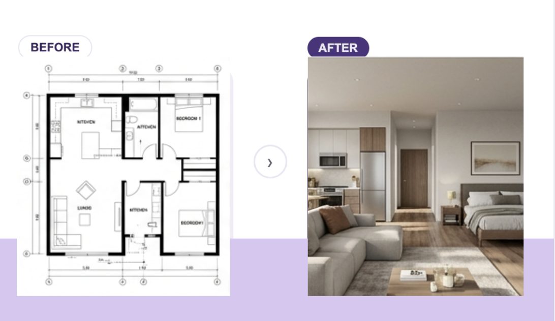 Fully furnished photorealistic 3D interior generated from a 2D floor plan — Innovxa AI prompts for architects