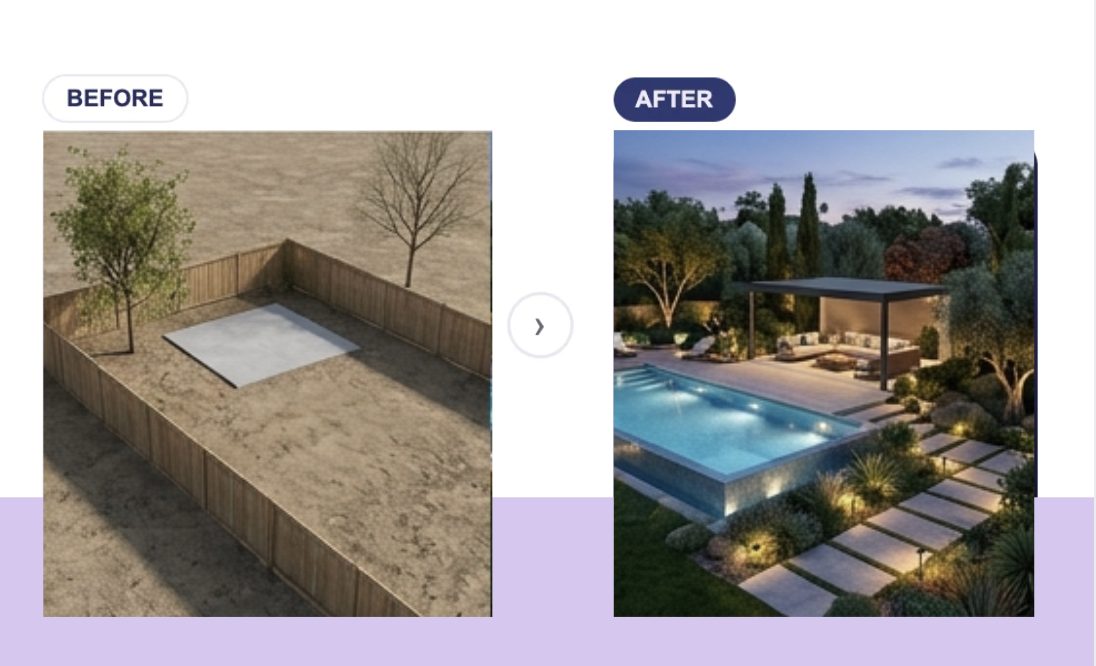 Luxury AI-generated landscape design with pool, lighting, and greenery — Innovxa AI prompts for architects
