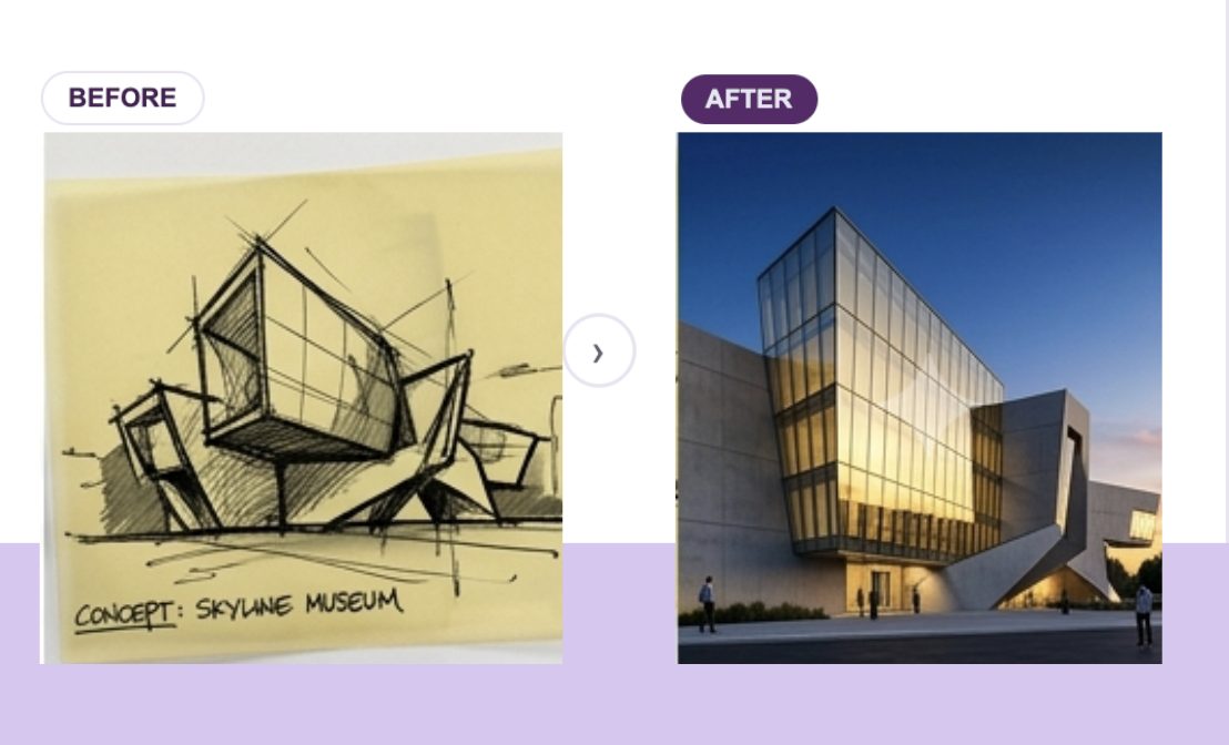 Ultra-photorealistic AI-rendered building generated from a hand-drawn sketch — Innovxa AI prompts for architects