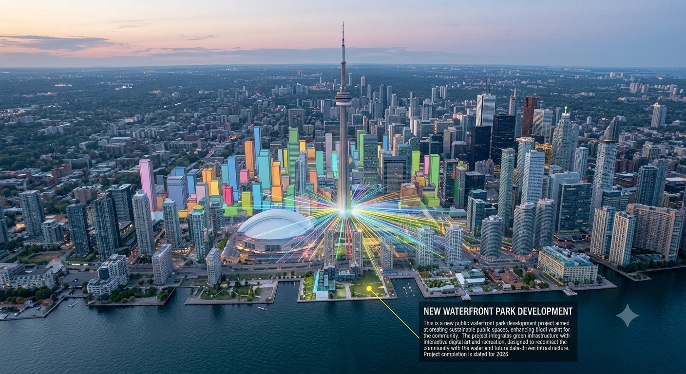 City-scale digital model on screen with surrounding buildings reconstructed from imagery"