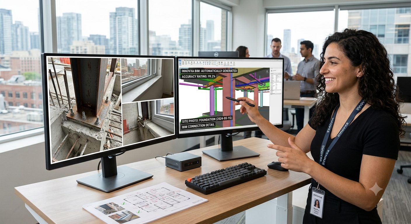 Designer comparing site photographs with an automatically generated BIM model